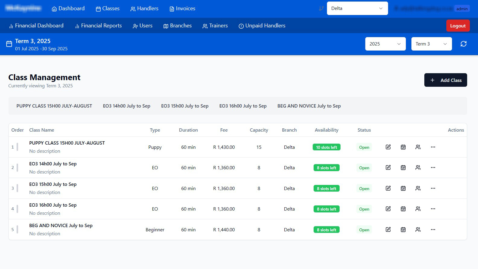 Dog Training management system interface screenshot