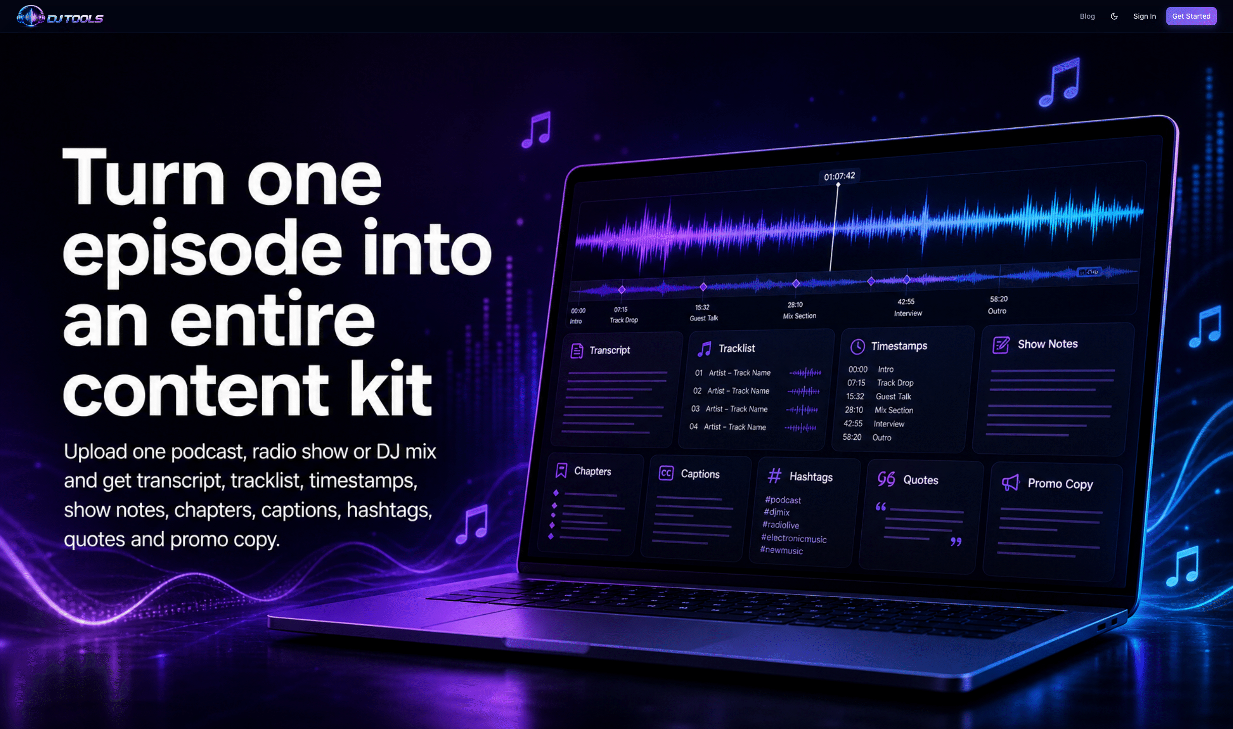 DJ Tools: Turning Audio into Transcripts and Show Notes interface screenshot
